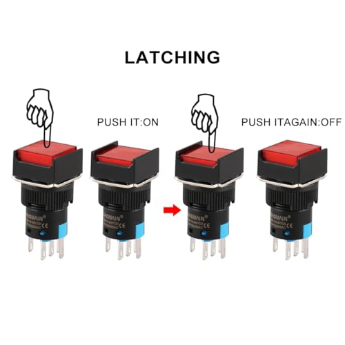Baomain 4-Pack 16mm (5/8") 12V DC Latching Push Button Switch with LED,4-Colors (Red,Yellow,Blue,Green) Square Cap,5-Pin SPDT 1NO+1NC,5A 250V AC