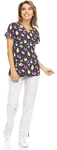 MediChic Women's Print Scrubs Workwear Set Medical Nursing Print Scrubs V-Neck Top and Straight Leg Pants Set