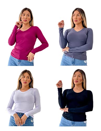 Kit 4 blusas Gola V Manga Longa Feminina (G, Preto/Cinza-Escuro/Vinho/Azul-Marinho)