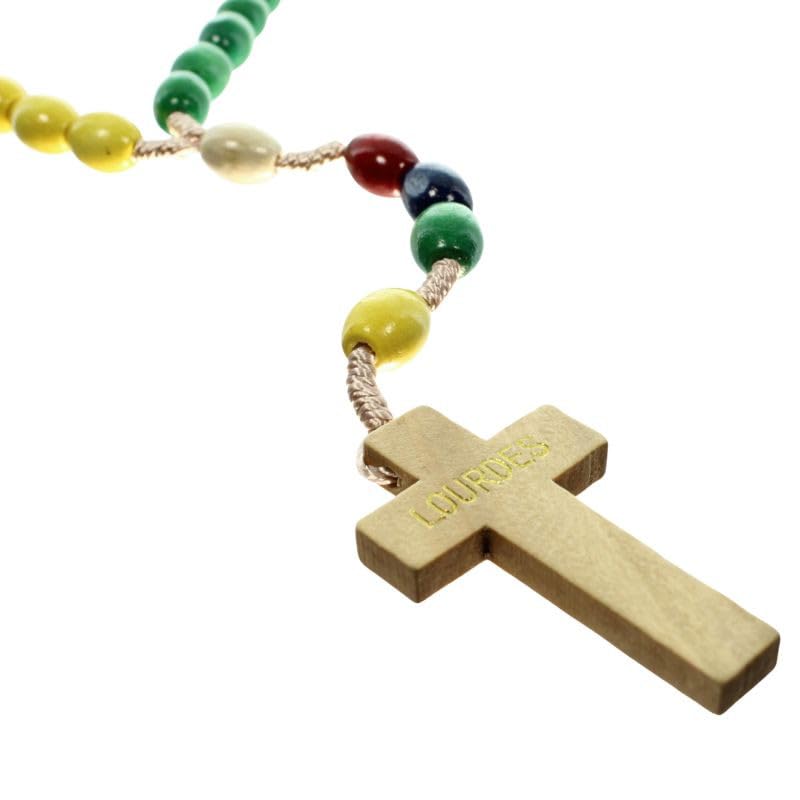 Rosario de misión de madera con granos ovalados coloridos, Madera