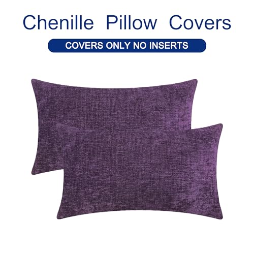 Image of CaliTime Pack of 2 Cozy Bolster Pillow Covers Cases for Couch Sofa Home Decoration Solid Dyed Soft Chenille 12 X 20 Inches Plum Purple