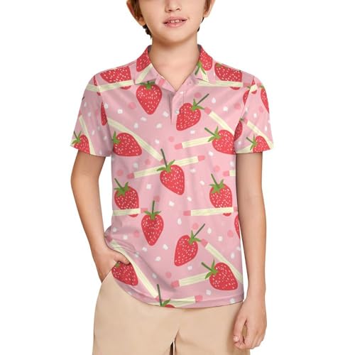 Boys' Classic Polo Shirts Short Sleeve Moisture-Wicking Golf & Tennis Shirts for Youth Teens Pink Strawberry Cookies