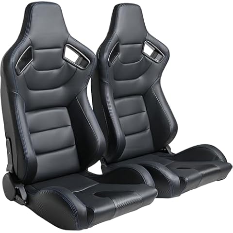 WIILAYOK 2 Pack Racing Seats, Universal PVC Leather Racing Bucket Seats Sport Pair Adjustable Seats with Sliders, Black and Blue Stitching Cover