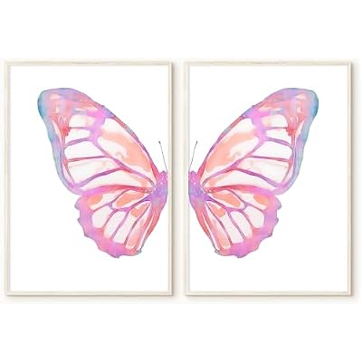 Vintage Split Butterfly Wall Art Pink Blue Aesthetic Poster Retro Butterflies Watercolor Prints Trendy Preppy Poster Pink Blue Butterfly Wall Art Abstract Butterflies Wing Painting 16x24inx2 No Frame