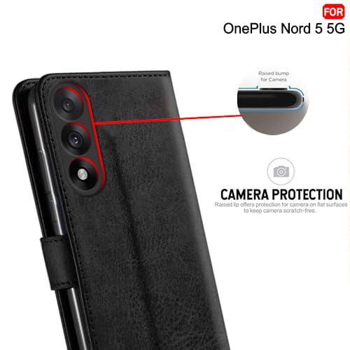 Image of TheGiftKart heGiftKart Genuine Leather Finish Flip Back Cover Case for OnePlus Nord 5 5G | Inbuilt Pockets & Stand | Wallet Style | Designer Button Magnet Flip Back Cover Case (Faux Leather, Black)