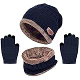 Wintermütze Kinder Schal Handschuhe 3PCs Fleece Gefüttert Beanie Strickmützen Warmem Mütze, Schal & Touchscree Handschuhe-Sets Verdicken Fleece Thermisch für Jungen Mädchen, Navyblau