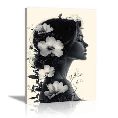 Tableau toile croquis profil floral femme noire abstraite encadrée 20x30 cm