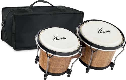 XDrum PERC Bongos Club Tobacco - 2 Trommeln mit 6' und 7' - Bongotrommeln mit stimmbaren Naturfellen und Stimmschlüssel - Holztrommeln Tobacco - Set inkl. gepolsterter Bongotasche aus Nylon