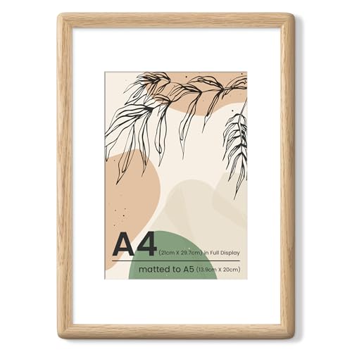 Axeman A4 オーク材木製フォトフレーム、丸みを帯びた角、ほぞ組構造、A5サイズの写真用マット付き（フレーム外寸A4）、強化ガラス、卓上飾り対応