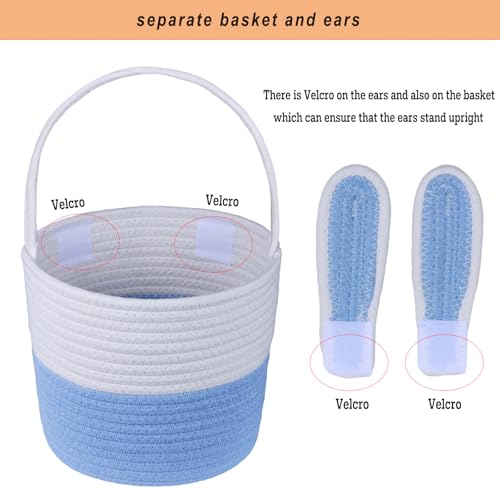 Image of Easter Basket, Empty Easter Baskets for Kids Boys Girls with Bunny Tag Egg Basket Eater Gifts Basket Toddler Teens Babys First Easter Basket with Handle Blue White