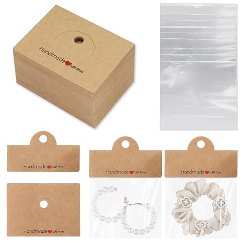 JNYUTEEN 100 Cartes de Présentation Bijoux, Cartes Présentoir Boucles d'Oreilles avec 100 Sachets Transparents, Cartes Kraft Support Boucles d'Oreilles pour...
