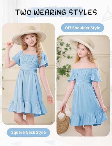 Durio Girls Summer Short Sleeve Dress Tie Back Off Shoulder Dresses for Teens Ruffle Tween Girls Dresses Size 6-16 Years3