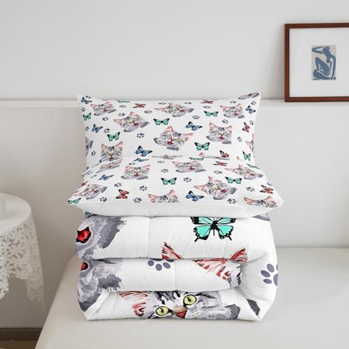 Image of Feelyou Kids Cute Cat Comforter Set Colorful Butterfly Cute Kitten Bedding Set for Boys Girls Cartoon Pet Cats Comforter Kawaii Animal Quilt Room Decor Duvet Set Full Size Boys