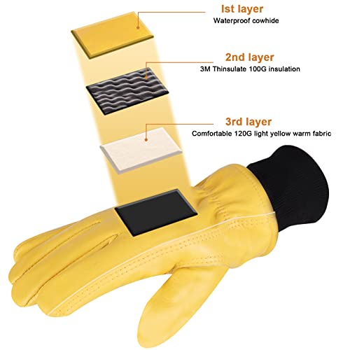 DLY Arbeitshandschuhe Winter Herren Damen,Leder Winter Arbeitshandschuhe,Wasserdicht Winterhandschuh,Winddichte Thermo Arbeitshandschuhe für Fahren,Bau,Gerätebetrieb,Straßenmaschinen(XL, Gelb) - Image 3