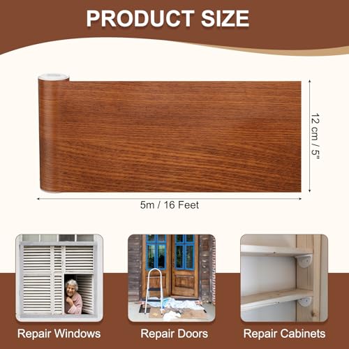 Image of MECCANIXITY Wood Grain Repair Tape, 5 Inch x 16 Feet Self Adhesive Wood Grain Tape Multi-Purpose Wallpaper Border Trim for Furniture Floors Windows Doors Tables Home, Red Oak
