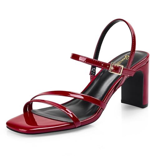GENSHUO Chunky Strappy Heeled Sandals Square Open Toe 3 Inch Block High Heels with Adjustable Ankle Strap Buckle Dress Wedding Work Comfy Womens Shoes Wine-red Size 7 by GENSHUO - Used condition - US$37.83