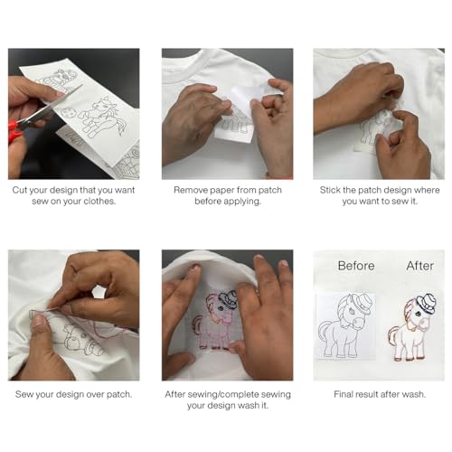 Image of Embroiderymaterial Stick and Stitch Embroidery Patches Patterns, Water Soluble Wash Away Embroidery Transfer Stabilizer Paper with Pre-Printed Unicorn Designs, Threads, Needle & Cutter for Sewing