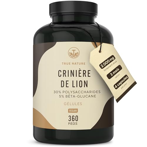 Lions Mane/Crinière de Lion - 2000mg de Hericium Erinaceus, (60.000mg, 30:1 extrait) - 30% Polysaccharides, 5% Bêta-Glucane - 360 Gélules, Vegan - Sans: Additifs, Gluten & Lactose - TRUE NATURE