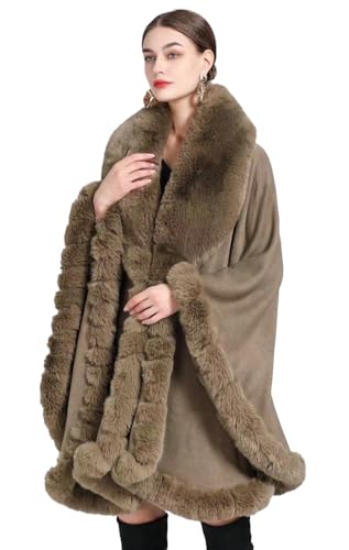 Image of Women Poncho Cape Faux Fur Collar Knitted Cardigan Sweater Batwing Long Sleeve Shawl Wrap Coat Oversized Cloak