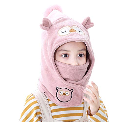 Unisex Kids Baby Fleece Hat Toddler Winter Balaclava Cute Animal Windproof Hood Scarf Beanie Hat (Owl-Pink)