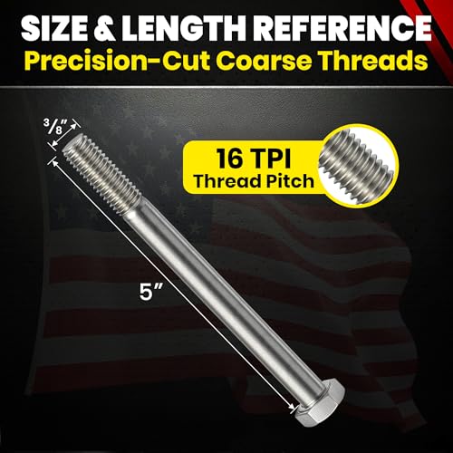 Image of Chenango Supply 3 /8-16 x 5 Stainless Steel Hex Head Bolts - 304 Stainless, USS Coarse Thread, 100,000-125,000 PSI Tensile Strength, Corrosion-Resistant Hardware Bolts, (25 Pieces, 3 /8-16 x 5)