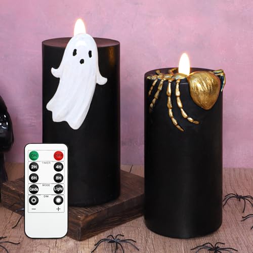 Vela fantasma LED negra con temporizador y decoración gótica de cera