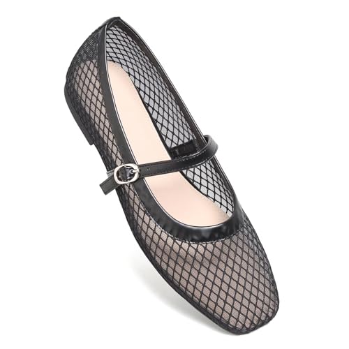 Image of TN TANGNEST Leather Flats for Women Retro Mary Jane Flats | Comfortable Square Toe Slip On Flats with Buckle Strap, Soft Work Flats Office Shoes