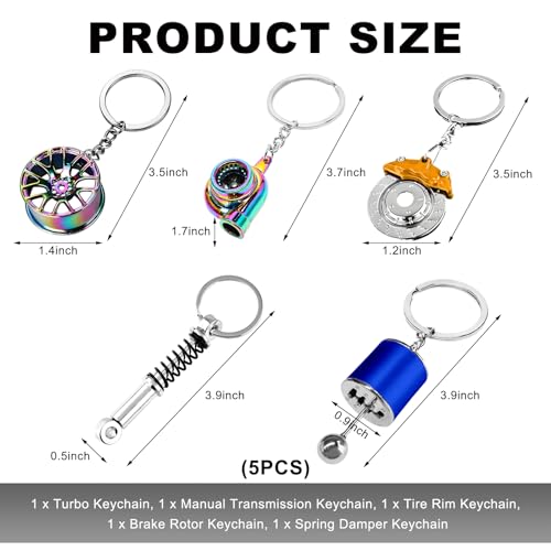 Image of KVAEY 5 PCS Car Parts Model Key Chains, Metal Turbo Keychain Set, Trendy Shock-Absorbent Car Parts Key Chain for Men Women (Yellow+Blue)