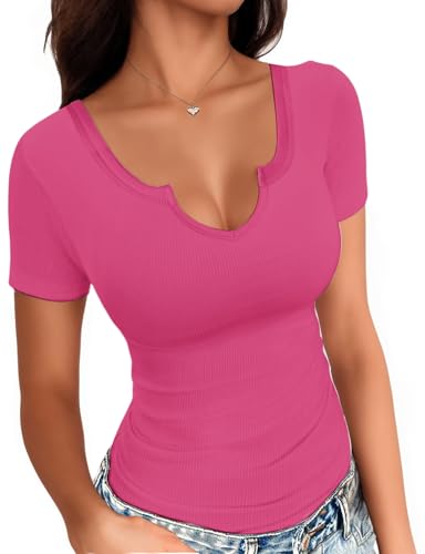 T-shirt basique ajusté col v femme mode été extensible