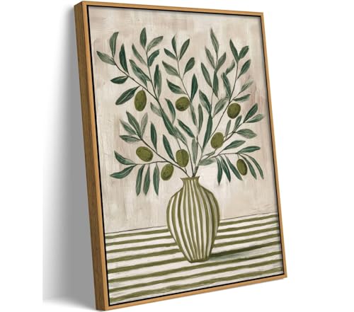 KVBJZYZ Vintage Olive Branch Canvas Wall Art Green Neutral Botanical Vase Painting Artwork Rustic Mediterranean Style Wall Decor for Farmhouse Kitchen Dining Room Home Decoration 8X10in Framed