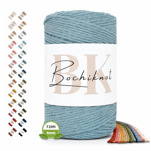 BOCHIKNOT Single Strand Macrame Cord 4mm x 240yds (220m) – Soft Cotton Macrame Rope for Beginners, Easy to Knot for Wall Hangings, Plant Hangers, Fringe and DIY Crafts (Steel Blue)