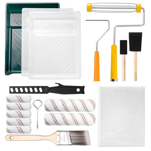 Mister Rui-18pcs Paint Roller Set, 9 4 Paint Roller and Brush Set, Max and Mini Paint Roller Set for Wall Painting and Decorating, Roller Tray, Sponge Brush, Dust Sheet, Can Opener, Stirrer