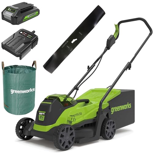 Greenworks Cortacésped de batería GD24LM33K2 Li-Ion 24V 33cm Ancho Corte hasta 280m² Incluye batería de 2Ah y Cargador + Bolsa de residuos de jardín 120l + Cuchilla de Repuesto de 33 cm