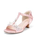 DREAM PAIRS Girls Sandals Ankle Strap T-Strap Low Heel Pearl Bow Flower Pump Dress Wedding Party Shoes for Little Kid/Big Kid,Size 2 Little Kid,Pink,KKUMHS2501