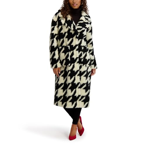 kensie Women's Outerwear Houndstooth Print Faux Fur Sherpa Walker Coat