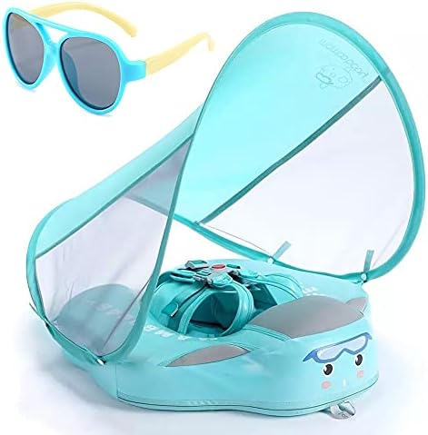 Baby Floats for Pool with Canopy Removable UPF 50+ UV Sun Protection Canopy Mambobaby Float Non Inflatable Upgrade Soft Waterproof Skin-Friendly Leather Material Infant Swim Float 3-24 Months