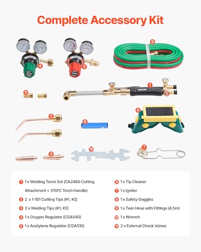 Image of VEVOR Oxygen Acetylene Torch Kit with Check Valves, Gas Welding Cutting Torch Kit, Heavy Duty Professional Oxy Acetylene Brazing Set with 15FT Twin-Hose, 2 Cutting Tips, Welding Tips & Gas Regulators