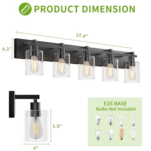 Image of Bathroom Vanity Light,5 Light Matte Black Light Fixture with Thickened Clear Glass Shade, 37 inch Modern Wall Sconce, Bathrooms Vanity Light Over Mirror for Bathroom