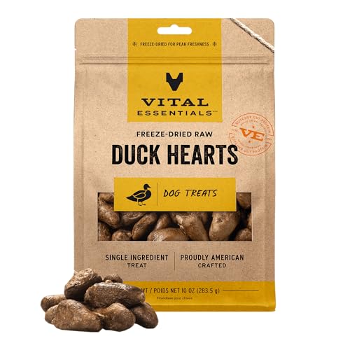 Image of Vital Essentials Freeze Dried Raw Duck Hearts Dog Treats | Single Ingredient | Premium Quality | Grain Free Treats for Dogs, 10 oz Bag
