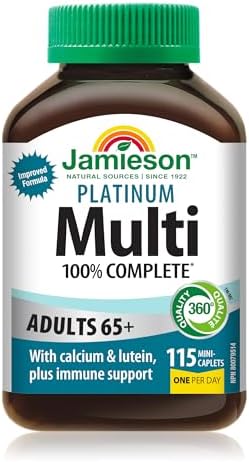 Jamieson 100% Complete Multivitamin Platinum for Adults 65+, with Lycopene, Lutein, and Additional Immune Support. Supports Energy, Eye Health, Bone Health, and Overall Health, Gluten-Free, One Per Day, 115 Mini Caplets