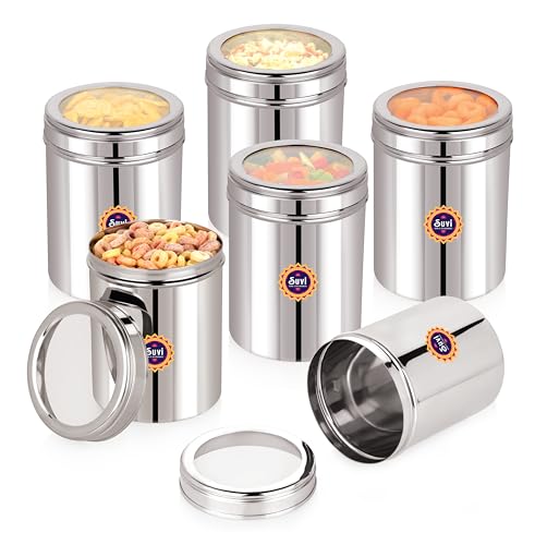 SUVI 1 kg Stainless Steel Kitchen Containers with See Through Lid (1250ml – 6pcs) | Ubha Dabba Multipurpose Storage | Steel Storage Containers for kitchen Food Grains Capacity – 1kg Approx (Pack of 6) SUVI 1 kg Stainless Steel Kitchen Containers with See Through Lid (1250ml – 6pcs) | Ubha Dabba Multipurpose Storage | Steel Storage Containers for kitchen Food Grains Capacity – 1kg Approx (Pack of 6)