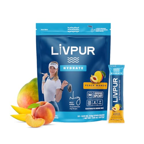 LIVPUR Electrolyte Drink Mix Instant Hydration Powder 15 Sticks Essential Amino Acids Vitamins C B6 B12 Sports Drink Mix (Peach Mango Flavor)