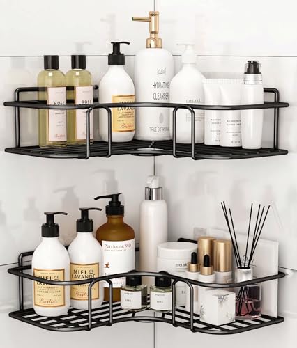 Image of Shelf-Adhesive Bathroom & Kitchen Corner Storage Organizer Rack /Shelf Wall Mounted (No Drilling Required) | Bathroom Accessories Metal with Powder Coated Finish (Black, Pack of 2)
