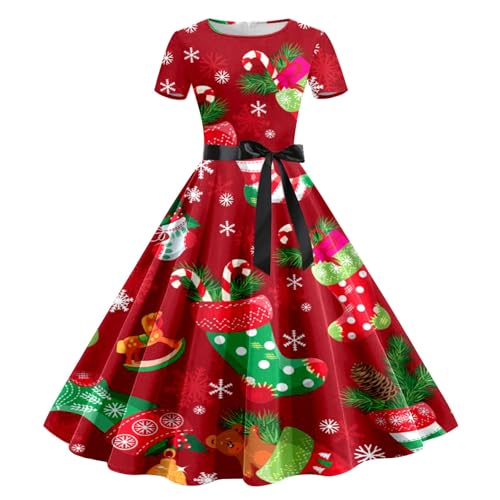 Weihnachtskleid Damen Rockabilly, Kleid Weihnachten Kurzarm, Rundhals Weihnachts Kleider Lustige Weihnachtsmotiv Partykleid Vintage Swing Midi...