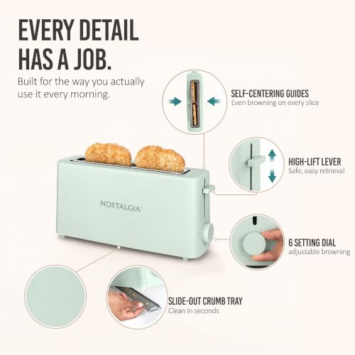 Image of Nostalgia Slim 2-Slice Toaster - Wide Slot - Space-Saving Design - Adjustable Browning Dial - 10-inch Long Slot Fits 2 Slices of Bread or Bagel Halves - Drop-down Crumb Tray - Sage