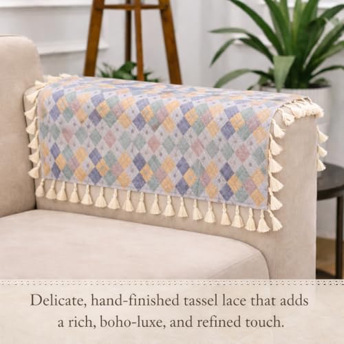 Image of STITCHNEST Printed Quilted Sofa Arm Cover with Tassels | Stylish Hand Rest Protector | Soft & Durable | 18 x 22 Inches