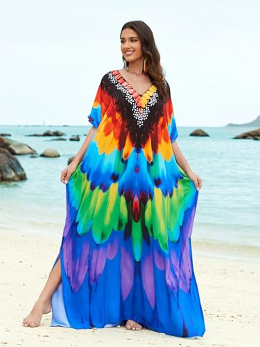 Image of IMAGEKOPE Women's Plus Size Loose Fit Moroccan Print V-Neck Batwing Kaftan Beach Dress Bathing Suit Cover Up
