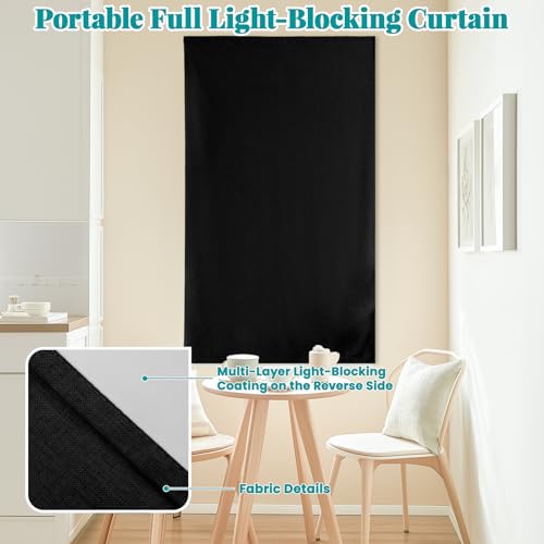 Image of 100% Blackout Magic Tape Stick On Curtains Window Shades Pull Down Blackout Window Cover No Drillng Self Adhesive Curtains No Rod Small Windows, W35 x L60 inch, 1 Panel, Black