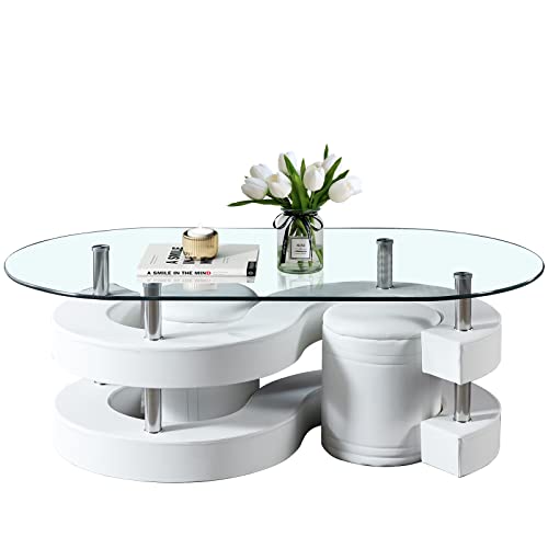 Homvent Glass Coffee Table Set W/2 Leather Upholstered Stools,Central Table W/Wood Base,Oval Living Room Table W/Artistic Wood Base Cocktail Table/Tea Table/Sofa Side Tables #TOP3