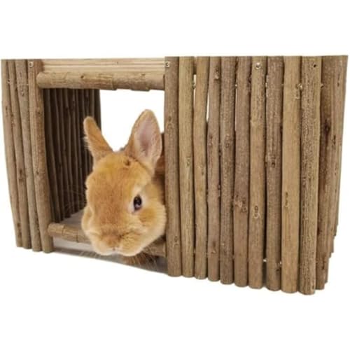 Vlfn 小動物用木製隠れ家・チンチラ/モルモットフェンス ハムスターハウスシェルター 天然臼歯枝編み巣 吊り下げプラットフォーム付き (長方形のネストカートン包装)